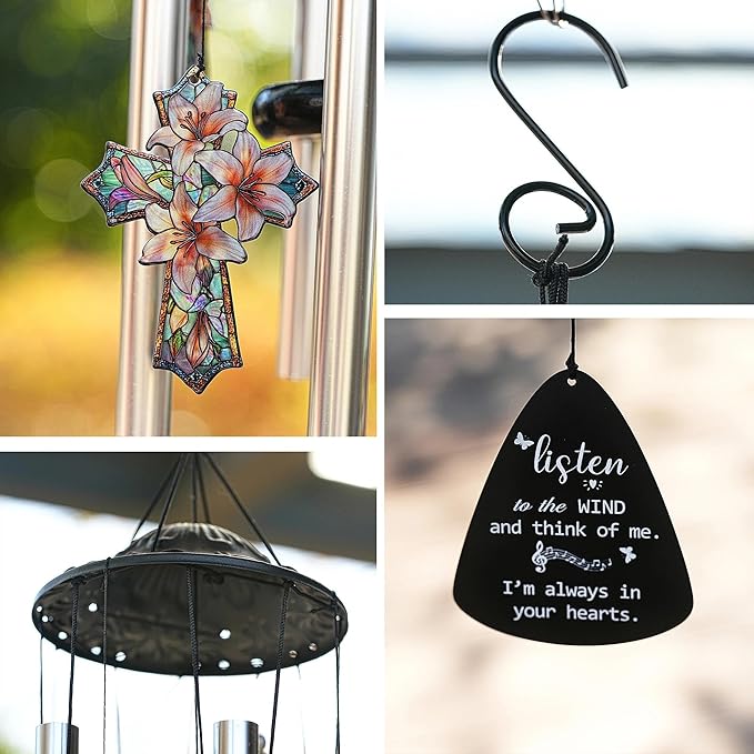 HDCRYSTALGIFTS 34'' Christian Gifts for Women Men, Memorial Wind Chimes for Outside, Religious Christian Sympathy Gifts for Loss of Loved One Mom Dad Friends Home Garden Decor (Cross)
