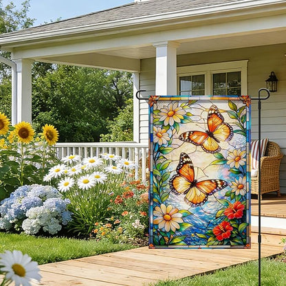 IVN Stained Glass Butterfly Garden Flag 12x18 Inch – Daisy Floral Outdoor Flag, Double Sided Burlap Spring Summer Yard Flag for Porch Lawn Patio Decor