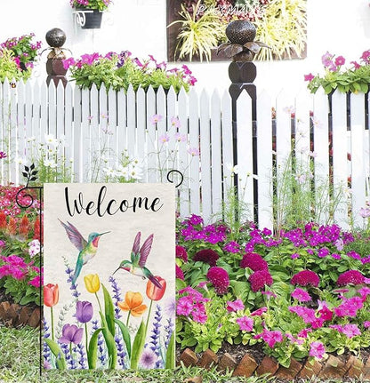 Welcome Hummingbird Spring Flowers Garden Flag 12x18 Inch Double Sided Outside Small Mini Yard Holiday Outdoor Farmhouse Decoration