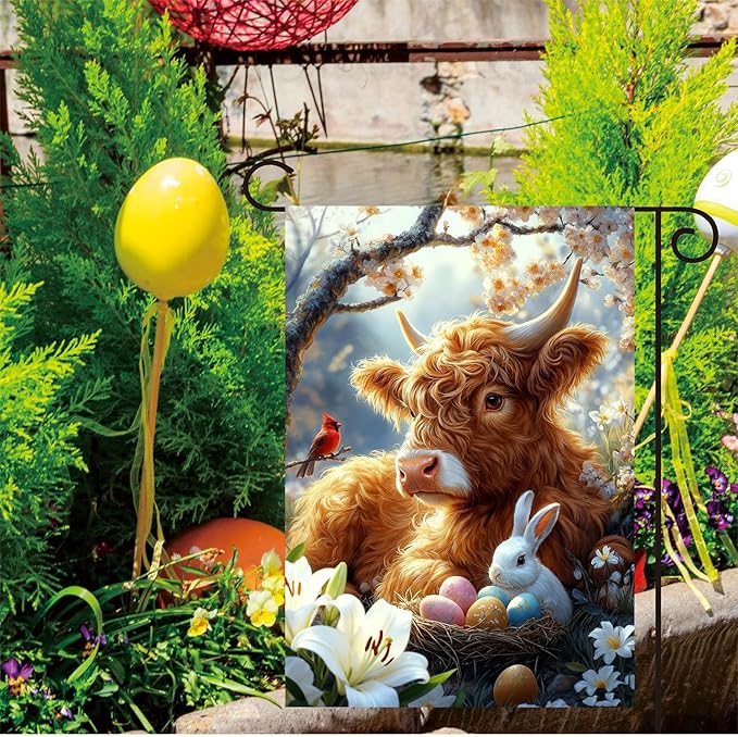 Easter Garden Flags for Outside 12x18 Double Sided, Small Burlap Farmhouse Bunny Highland Cow Garden Flag Easter Outdoor Decorations Yard Garden Patio Porch Decor for Women Garden Lovers