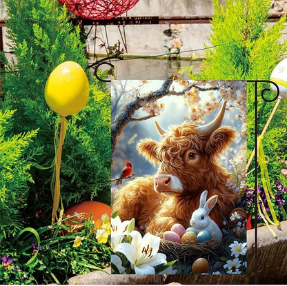 Easter Garden Flags for Outside 12x18 Double Sided, Small Burlap Farmhouse Bunny Highland Cow Garden Flag Easter Outdoor Decorations Yard Garden Patio Porch Decor for Women Garden Lovers