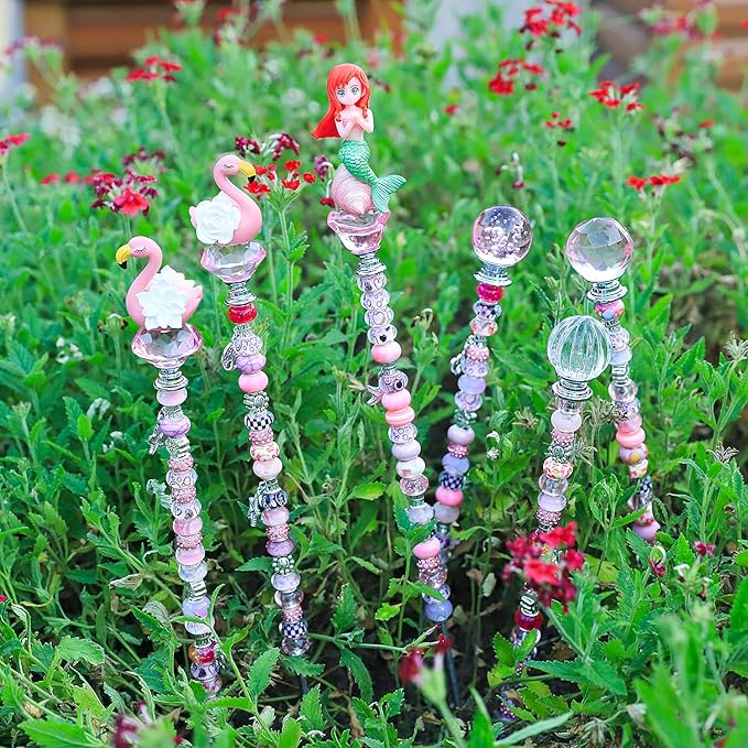 AIPRIDY 158 Pcs DIY Fairy Wand Garden Stakes Kit,Multiple Color Scheme European Beads Crystal Diamond Tops and 12 or 10 Inch Threaded Rods,Stainless Steel Stakes with Diamond Toppe(Pink)