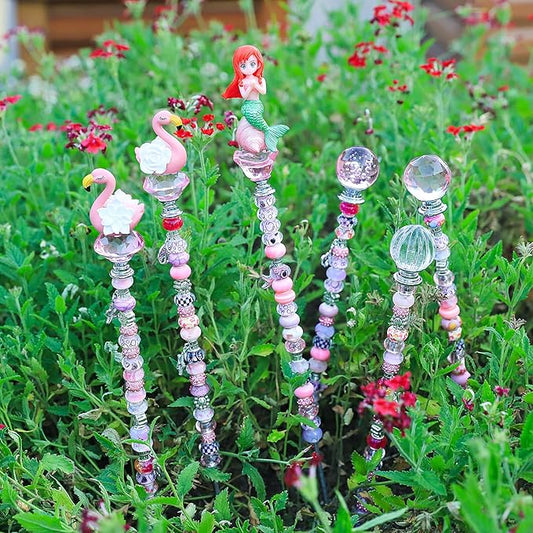 AIPRIDY 158 Pcs DIY Fairy Wand Garden Stakes Kit,Multiple Color Scheme European Beads Crystal Diamond Tops and 12 or 10 Inch Threaded Rods,Stainless Steel Stakes with Diamond Toppe(Pink)