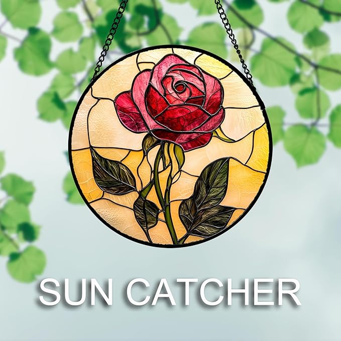 Stained Glass Window Hanging 4 Pcs Set Lily Rose Sunflower Poppy 9.8" - Flower Suncatcher Door Garden Sun Catcher Decor Birthday Mother's Day for Wife Woman Nana Girl