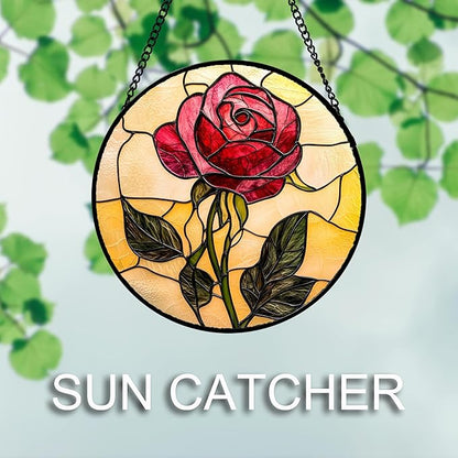 Stained Glass Window Hanging 4 Pcs Set Lily Rose Sunflower Poppy 9.8" - Flower Suncatcher Door Garden Sun Catcher Decor Birthday Mother's Day for Wife Woman Nana Girl