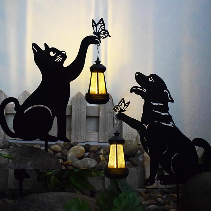 Cat and Dog Metal Decorative Garden Stakes, Silhouette Stakes Animal, Yard Art for Outdoor Decor, Patio, Lawn Ornaments, Cat/Dog Lovers Gifts - Set of 2 (Dog&Cat)