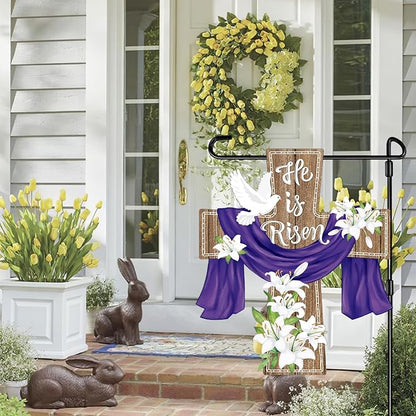 He is Risen Easter Decorations Cross Garden Banner Double-Sided Printed Flag Sheep Yard Flags Bunting Outdoor House Yard Rise Christian Jesus Lily Flowers Spring Seasonal Decoration Cross