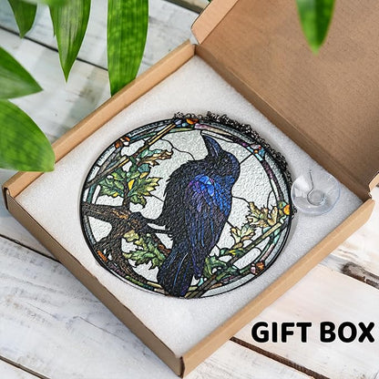 7.8" Crow Stained Glass Suncatchers Art Glass Ravens for Sun Catcher Indoor Gothic Gifts for Pet Animal Nature Floral Lovers Women Grandma Mom Friend Painted Panel Décor BIRD-04B-SG8