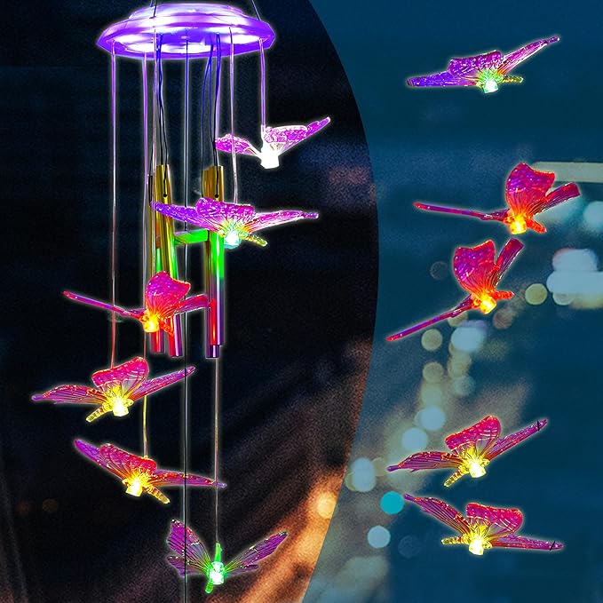 Outdoor Solar Wind Chime Decoration, Mother's Day Birthday Gifts for Grandma, Mom and Family, Outdoor Garden and Courtyard Wind Chime Accessories (Purple Butterfly)