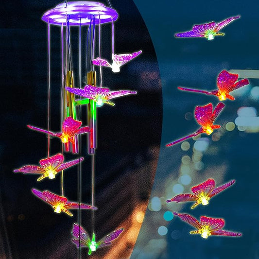 Outdoor Solar Wind Chime Decoration, Mother's Day Birthday Gifts for Grandma, Mom and Family, Outdoor Garden and Courtyard Wind Chime Accessories (Purple Butterfly)