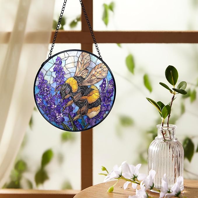 Bee Lavender Flower Suncatchers Stained Glass Window Hanging, Bumblebee Flower Sun Catchers Indoor Window Glass Round Wall Decor, Bee Floral Wall Hanging Decorations, 7.9x7.9in