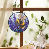 Bee Lavender Flower Suncatchers Stained Glass Window Hanging, Bumblebee Flower Sun Catchers Indoor Window Glass Round Wall Decor, Bee Floral Wall Hanging Decorations, 7.9x7.9in