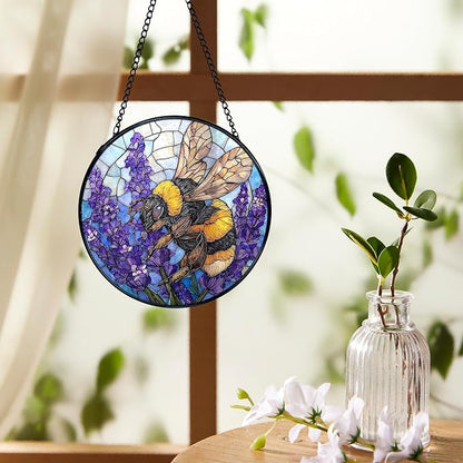 Bee Lavender Flower Suncatchers Stained Glass Window Hanging, Bumblebee Flower Sun Catchers Indoor Window Glass Round Wall Decor, Bee Floral Wall Hanging Decorations, 7.9x7.9in