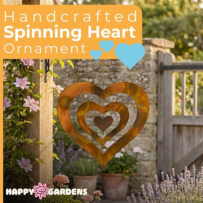 Handcrafted Triple Spinning Heart Steel Ornament (Flamed Finish) Happy Gardens Rustic Outdoor Metal Hook Hanging Decor for Outside Back Yard