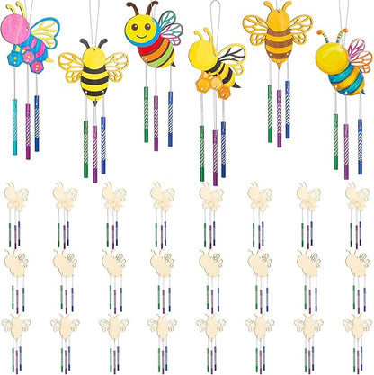 Leinuosen 30 Pcs Bee Wind Chime Kit for Kids Make Your Own Bee Wind Chimes Decorative DIY Coloring Wooden Crafts for Spring Art Activities Garden Home Patio Party Decorations