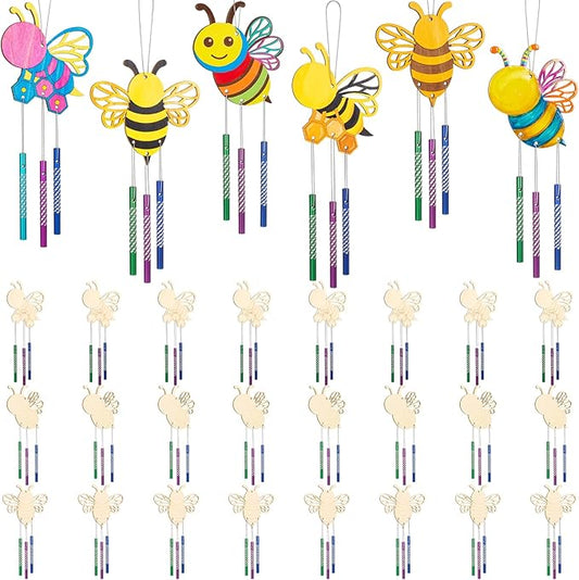 Leinuosen 30 Pcs Bee Wind Chime Kit for Kids Make Your Own Bee Wind Chimes Decorative DIY Coloring Wooden Crafts for Spring Art Activities Garden Home Patio Party Decorations