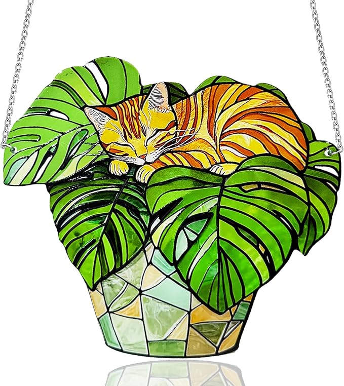 Cat Stained Glass Suncatcher Window, Hanging Sun Catchers Indoor Window, Suncatcher for Mom/Women (Monstera & Cat)