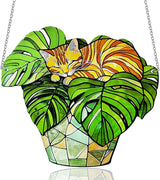 Cat Stained Glass Suncatcher Window, Hanging Sun Catchers Indoor Window, Suncatcher for Mom/Women (Monstera & Cat)