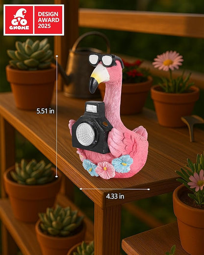 GoGnome Solar Flamingo Garden Statue with Camera Light – 5.5in Tall Solar Powered Outdoor Figurine for Yard, Patio, Balcony – Funny Garden Decor, Gift for Women (Flamingo)