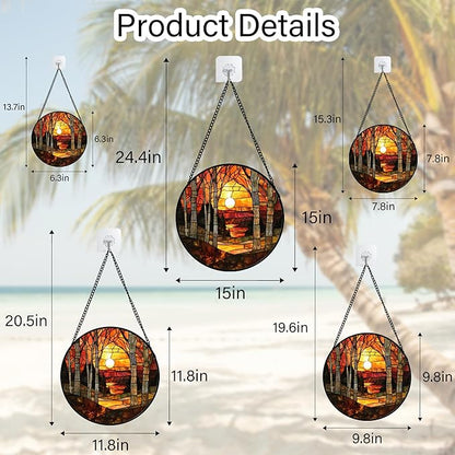 Stained Glass Window Hanging, Orange Red Landscape Forest Lake Moon Suncatcher for Doors Window Home Sun Catchers Decor Mother's Day Birthday Gifts for Women Men Mom 7.8 in