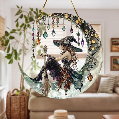 8x8 inch Charming Moonlight Witch Acrylic Stained Glass Window Hanging Sun Catcher Decor Stained Panel Hangings Wall Art Decor, for Friends and Family (Moonlight Witch)