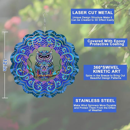 Wind Spinner Mandala 12 inch 3D Stainless Steel Laser Cut Metal Art Geometric Pattern Hanging Wind Spinner (owl)