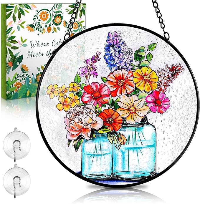 Remiawy Stained Glass Window Hanging, 6 Inch Mason Jar with Flowers Glass Panel with Metal Chain and Hooks Indoor Window Wall Art Home Decor for Women Birthday