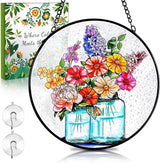 Remiawy Stained Glass Window Hanging, 6 Inch Mason Jar with Flowers Glass Panel with Metal Chain and Hooks Indoor Window Wall Art Home Decor for Women Birthday