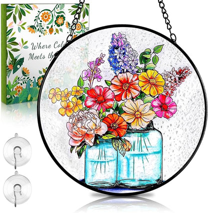 Remiawy Stained Glass Window Hanging, 6 Inch Mason Jar with Flowers Glass Panel with Metal Chain and Hooks Indoor Window Wall Art Home Decor for Women Birthday