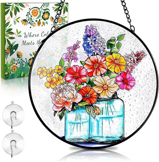 Remiawy Stained Glass Window Hanging, 6 Inch Mason Jar with Flowers Glass Panel with Metal Chain and Hooks Indoor Window Wall Art Home Decor for Women Birthday
