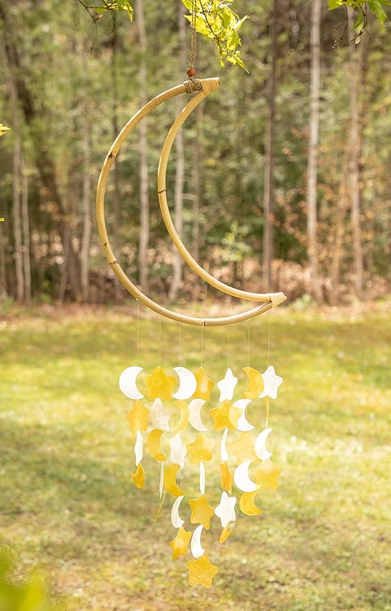 Beautiful and Unique Capiz Shell Wind Chime - Wind Chimes for Outdoors - Colorful and Whimsical Patio Decor - Ocean Decor - Garden Gifts (Moon - Gold Star)