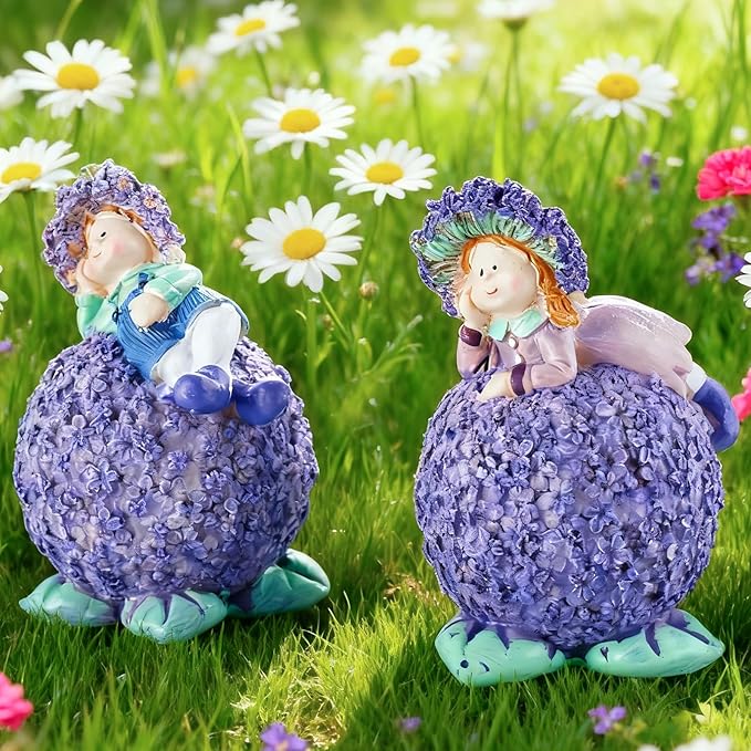 Charming Boy and Girl Garden Figurines Lavender Themed Decor Statues Spring Summer Resin Figures for Outdoor Patio Lawn Yard Art Decoration
