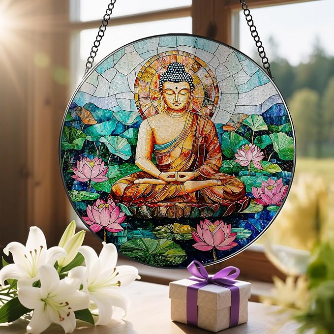 8-Inch Buddha Stained Glass Suncatcher & Ornament, Stained Glass Window Hanging, Sun Catcher Window Decor, Namaste Decor — Gifts for Buddhist & Yoga Lover, Gifts for Christmas, Birthday & Housewarming