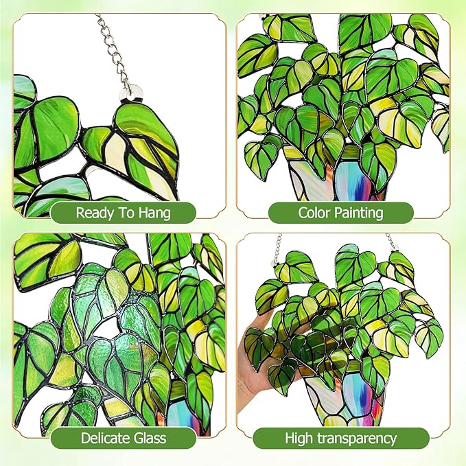 Stained Glass Plant Suncatcher Window Hanging, Marzovitra 10 Inch Real Glass Potted Green Leaves Sun Catcher with Chain Botanical Sun Catcher Window Decor for Home Garden, Plant Lover Gift