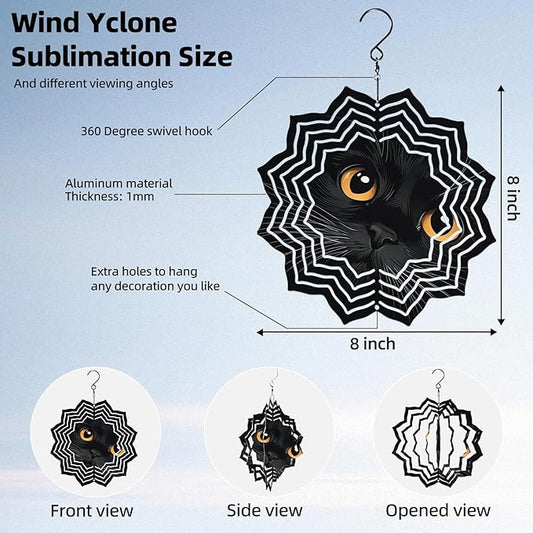 8 Inch Sublimation Wind Spinner, 3D Aluminum Metal Wind Spinner with Hook, Indoor Yard Garden Hanging Decoration, Weather Resistant Rotating Spiral Ornament, Black Cat's Eyes