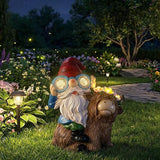 ZQQLITE Garden Gnome Statue Sitting Highland Cow Figurine with Flower Wreath, Solar LED Lights Outdoor Telescope Weatherproof Yard Art Decor for Patio Lawn, Housewarming Gifts for Women Mom