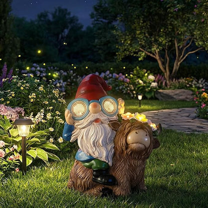 ZQQLITE Garden Gnome Statue Sitting Highland Cow Figurine with Flower Wreath, Solar LED Lights Outdoor Telescope Weatherproof Yard Art Decor for Patio Lawn, Housewarming Gifts for Women Mom