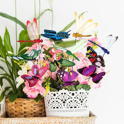 48 Pcs 3D Dragonfly Butterfly Garden Decor Dragon Fly Butterfly Garden Stakes with Sticks Colorful Butterflies Dragonflies Yard Art Ornaments for Indoor Outdoor Planter Pot Pathway Patio Decoration