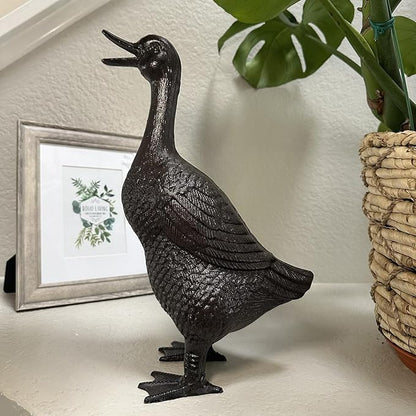 Cast Iron Duck Statue (15.7" Tall) - Heavy Duty Outdoor/Indoor Decor, Rust Brown Garden Art with Lifelike Feather Detailing, Weatherproof Bird Sculpture for Patio, Lawn & Home HC5387