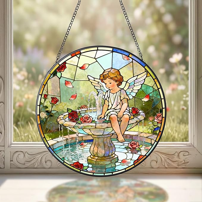 7.9 Inch Angel and Fountain Stained Glass Sun Catcher Christian Stained Glass Window Hanging Religious Sun Catcher Gifts for Mother Wall Room Decor Cottage Core Decor Decorations