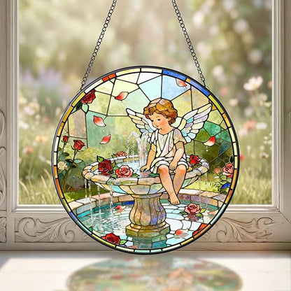 7.9 Inch Angel and Fountain Stained Glass Sun Catcher Christian Stained Glass Window Hanging Religious Sun Catcher Gifts for Mother Wall Room Decor Cottage Core Decor Decorations