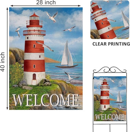 Home Decorative Welcome Summer Lighthouse House Flag, Spring Coastal Seagull Birds Garden Yard Beach Nautical Sailboat Outside Decoration, Ocean Outdoor Large Burlap Decor Double Sided 28 x 40