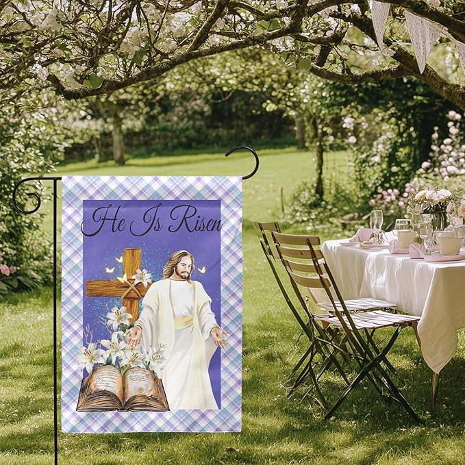 He is Risen Garden Flag Easter Cross Religious Yard Flags Lily Jesus Holy Bible Butterfly Burlap Double Sided House Banners Spring Lilies Christianity Church Garden Flags 12 x 18 Inch