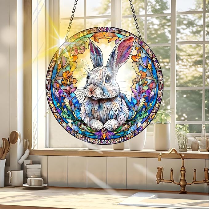 VAIIEYO Rabbit Sun Catcher Stained Glass Window Hanging Ornament, Handmade Sun Catcher Animal Decoration with Hooks for Window Garden Home, Mother's Day & Birthday Housewarming Gift (7.8 inch)