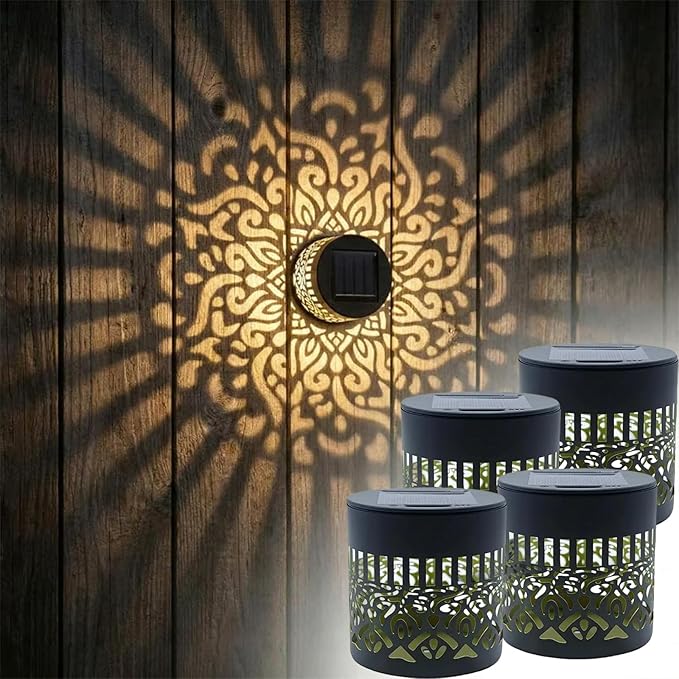 Decorative Solar Mandala Lights, Metal Solar Powered Outdoor Deck Step Wall Lights, Mandala Theme Waterproof Fence Light, Yellow Decorative Lighting for Garden Post Patio Backyard Yard Decor (4PCS)