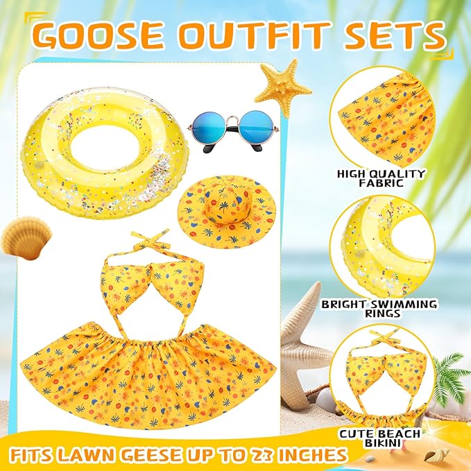 Abbylike Summer Bikini Porch Goose Outfits Yellow Bikini Hawaiian Goose Costume Clothes with Swimsuit, Swim Ring, Sun Hat, Sunglasses Fits Large 23'' Cement for Garden Yard Statue Lawn Art Decoration