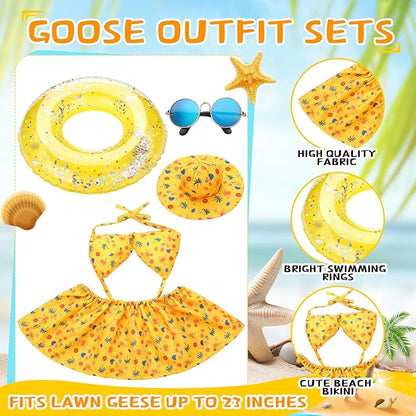 Abbylike Summer Bikini Porch Goose Outfits Yellow Bikini Hawaiian Goose Costume Clothes with Swimsuit, Swim Ring, Sun Hat, Sunglasses Fits Large 23'' Cement for Garden Yard Statue Lawn Art Decoration