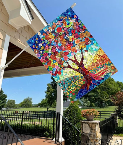 Stained Glass Tree of Life House Flag 28x40 Double Sided for Outside, Spring Summer Burlap Large Floral Garden Flags for Yard Outdoor Garden Decor