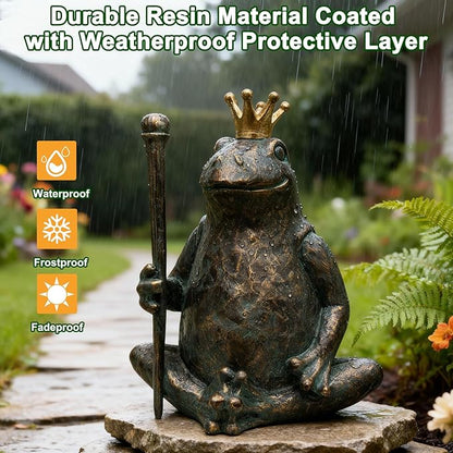Frog Garden Statue, Yard Decorations Outdoor Decor, Weather-Resistant Animal Figurines & Sculptures, Seated Prince Frog with Scepter for Patio & Lawn, 11.5" H×9.8" L