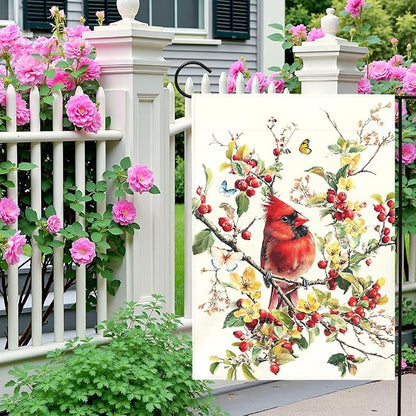Red Cardinal Bird Garden Flag Spring Summer Floral Yard Flags for Outdoor Lawn Porch Patio Decoration Memorial Birds Lover Gift Butterfly Watercolor Wild Bird House Banner Decor 12x18 Inch